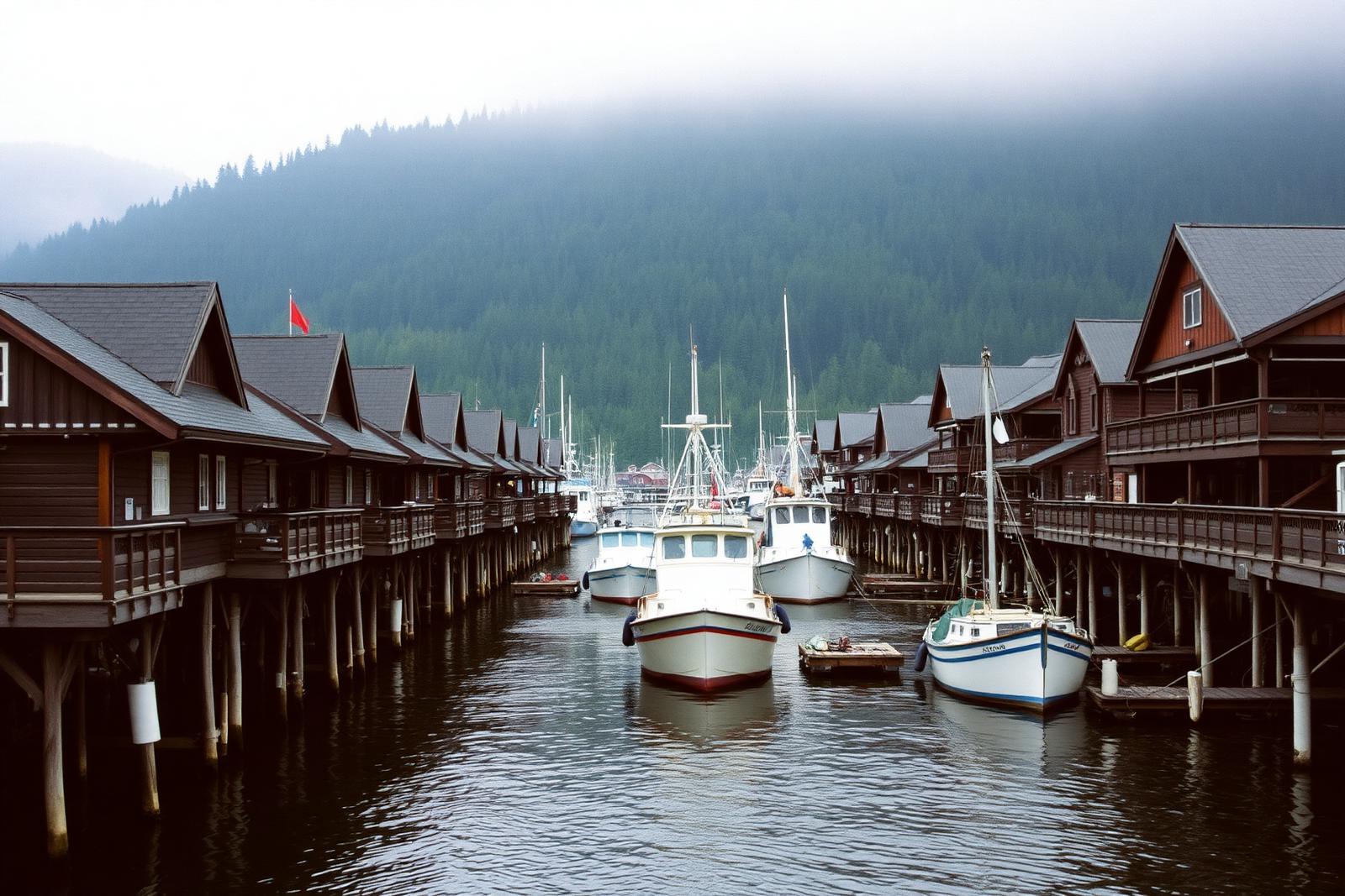 Timber boardwalk waterfront in an Alaskan port