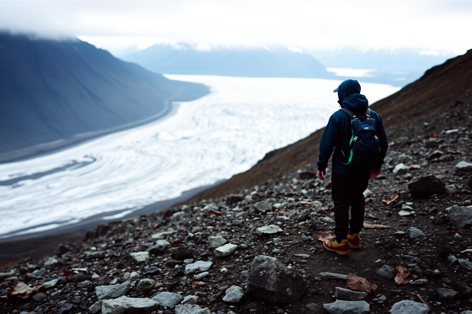 A lone hiker on a ridge above an Alaskan glacier