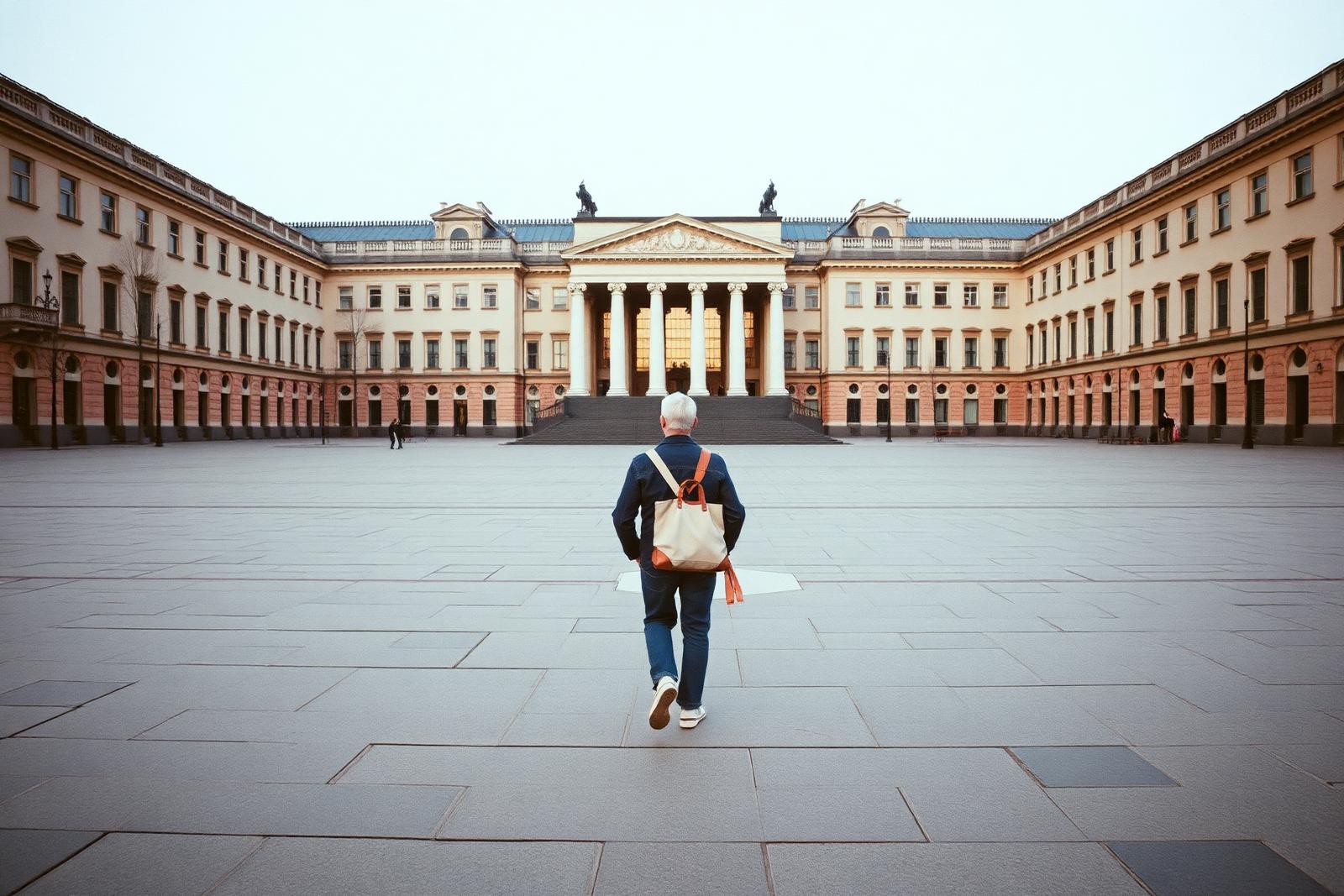 A lone traveller crossing a Helsinki square