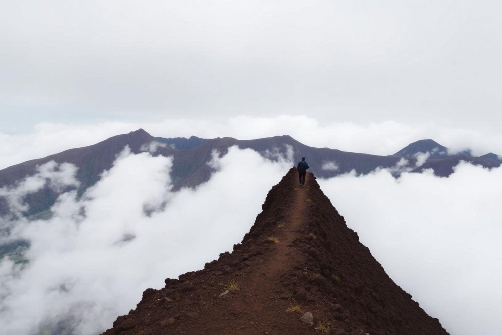 A lone hiker on a volcanic ridge above the clouds