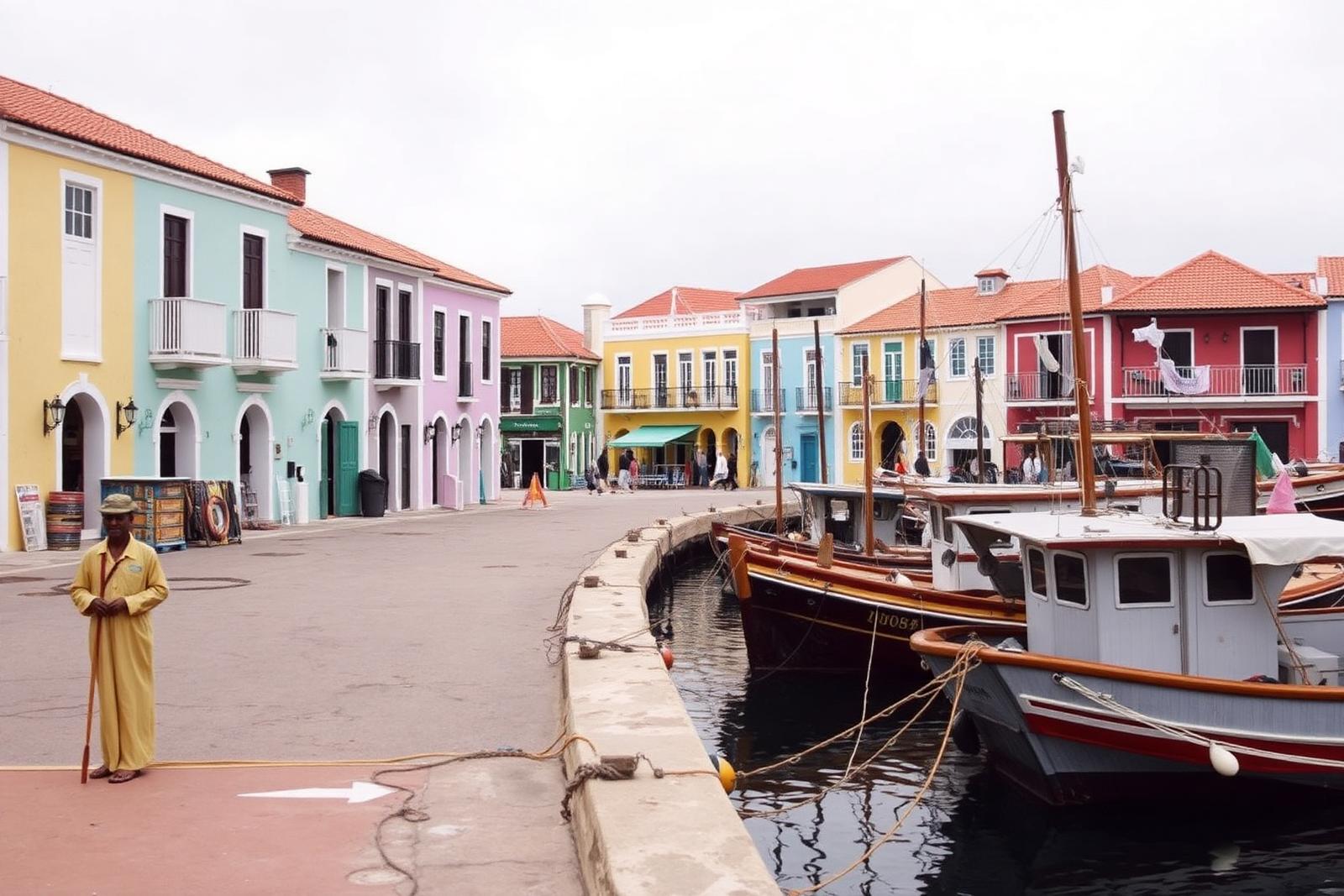 Colourful waterfront buildings along a Caribbean harbour