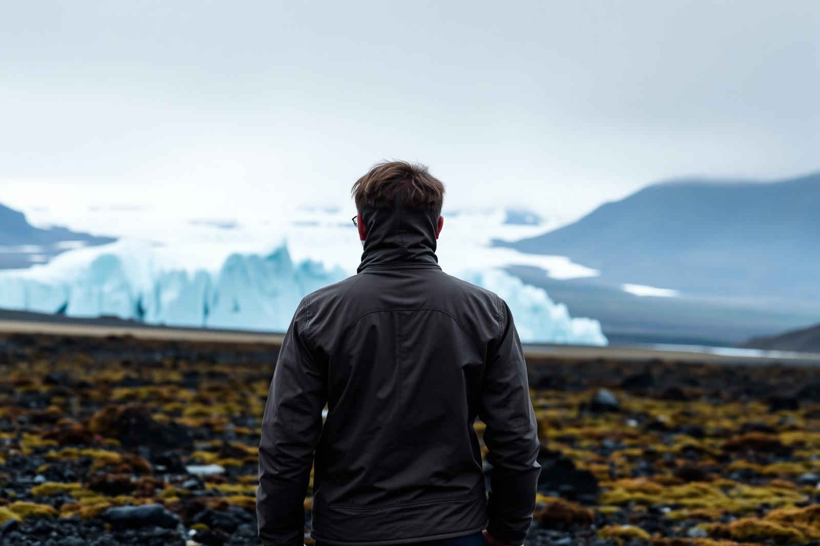 A lone traveller crossing an Icelandic lava field
