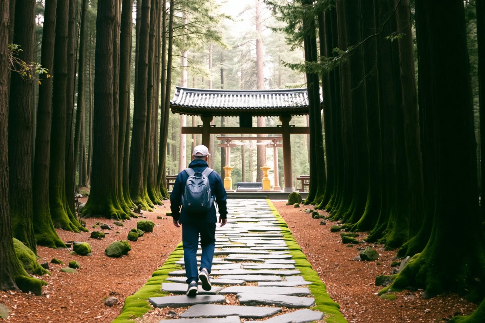 A lone traveller on a forest shrine path in Japan