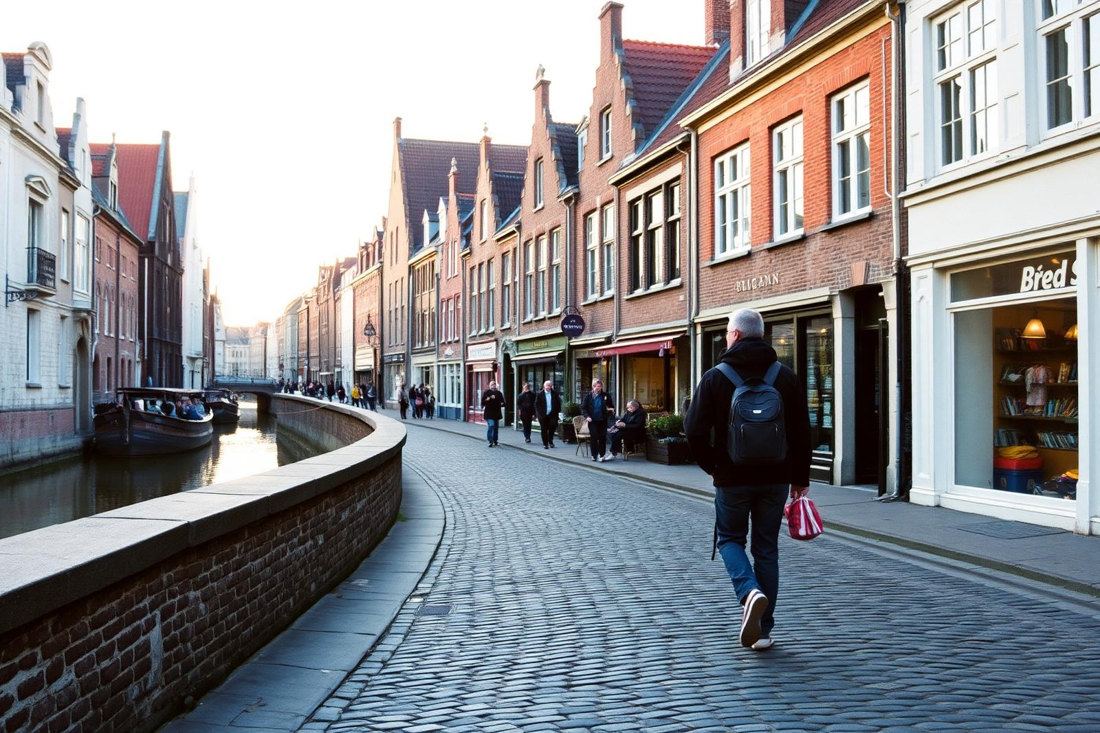 A lone traveller on a cobbled quay in Bruges