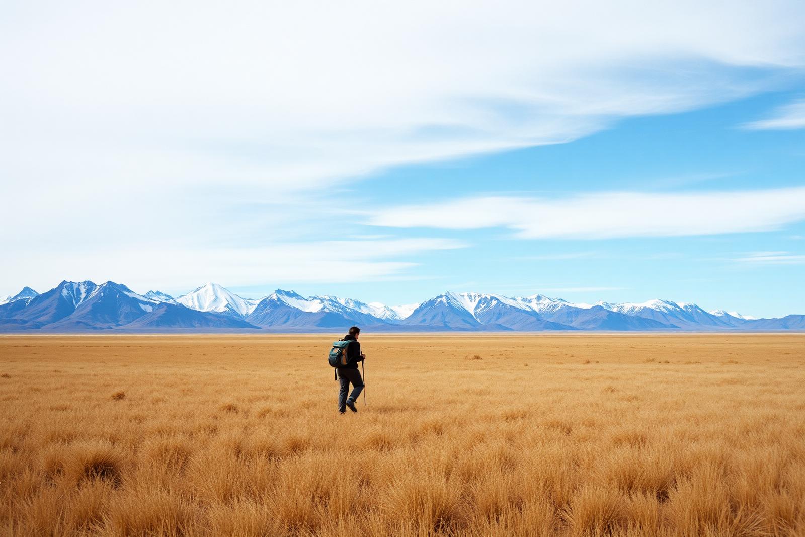 A lone hiker crossing Patagonian grassland