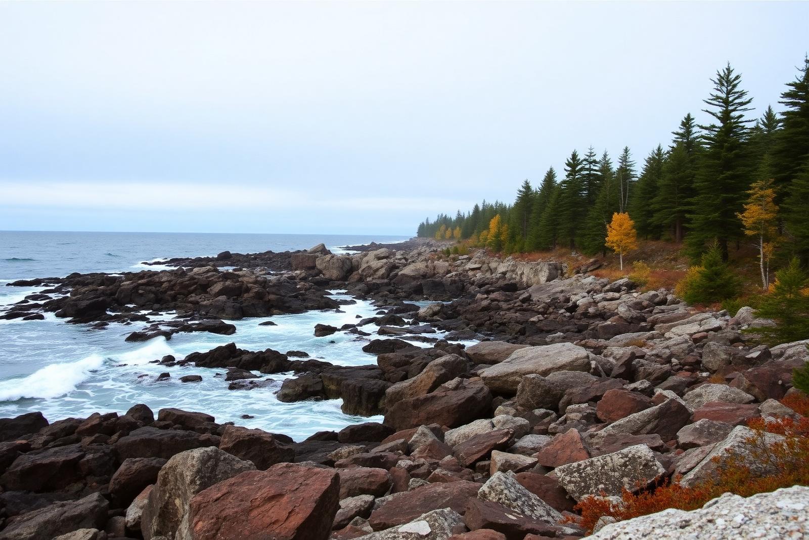 Rocky Maine coastline with autumn spruce forest