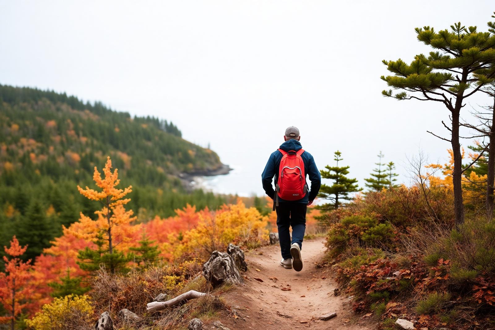 A lone hiker on a coastal trail in Acadia