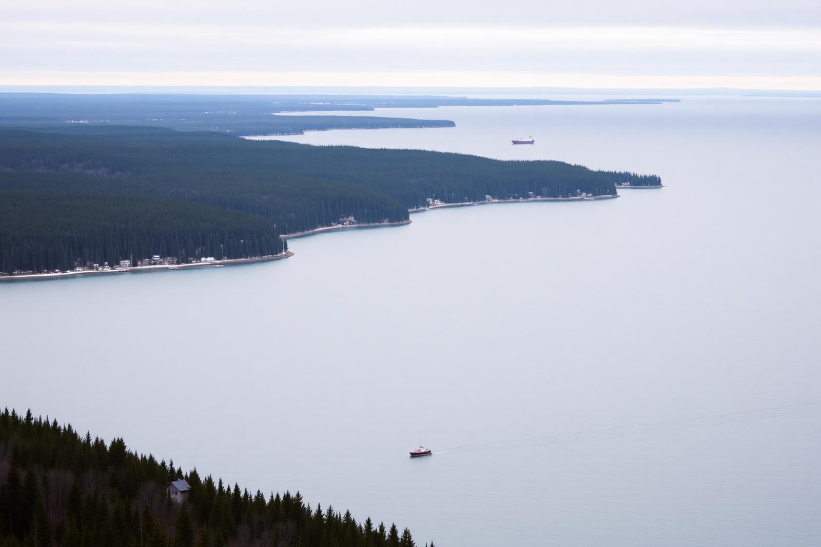 Gulf of St Lawrence shoreline with a distant ship